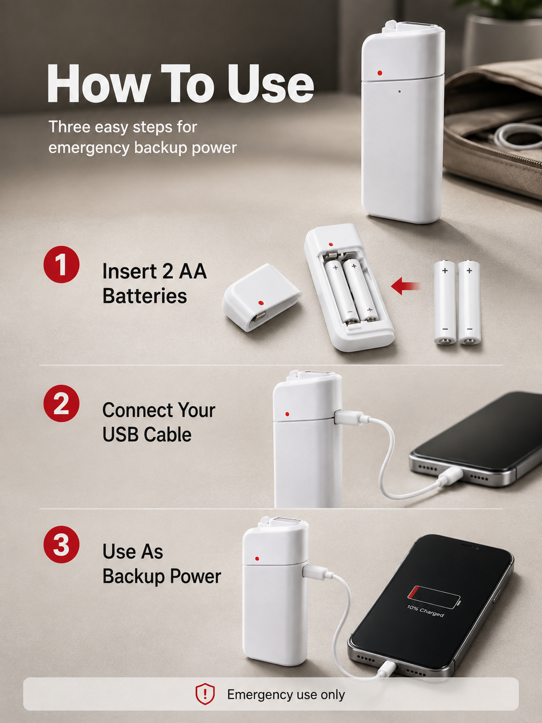 Portable Emergency Phone Charger AA Battery Powered Power Bank with LED Flashlight