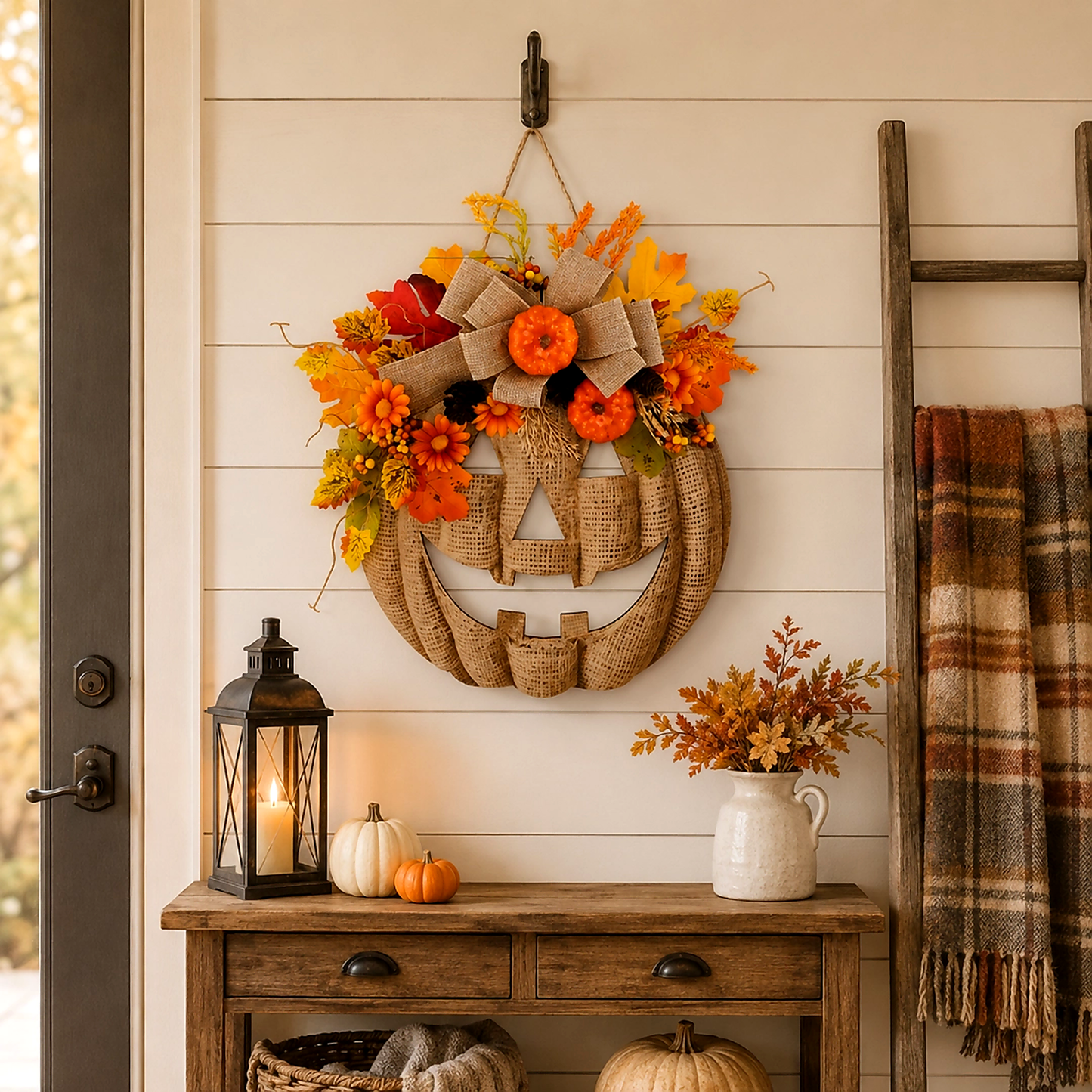 đ⨠Lighted Burlap Pumpkin Wreath