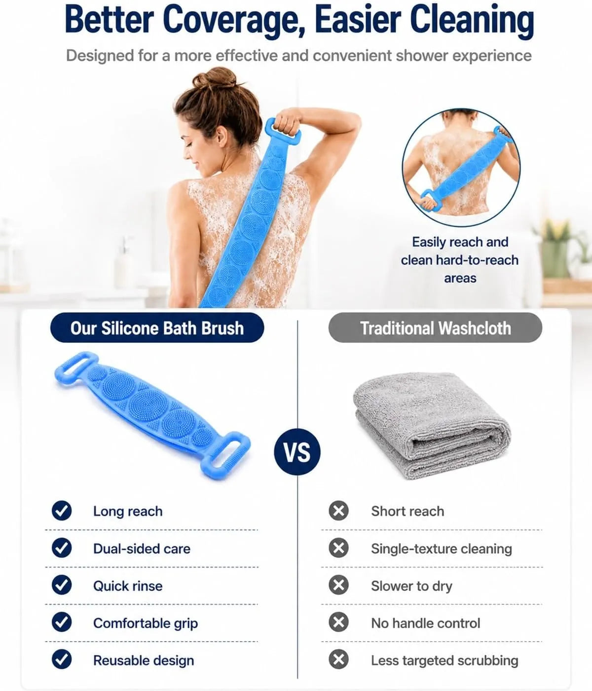 🚿 Dual Handle Silicone Back Scrub Strap | Deep Exfoliating Shower Brush