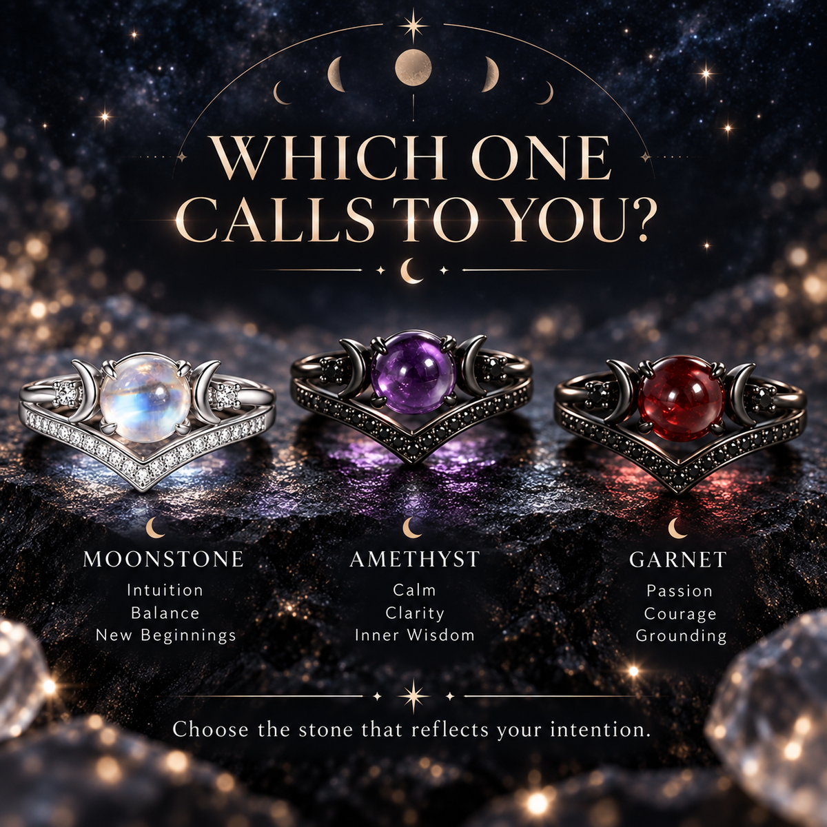 Triple Moon Moonstone-Inspired Ring Set – Silver-Tone Witchy Celestial Stackable Rings for Women