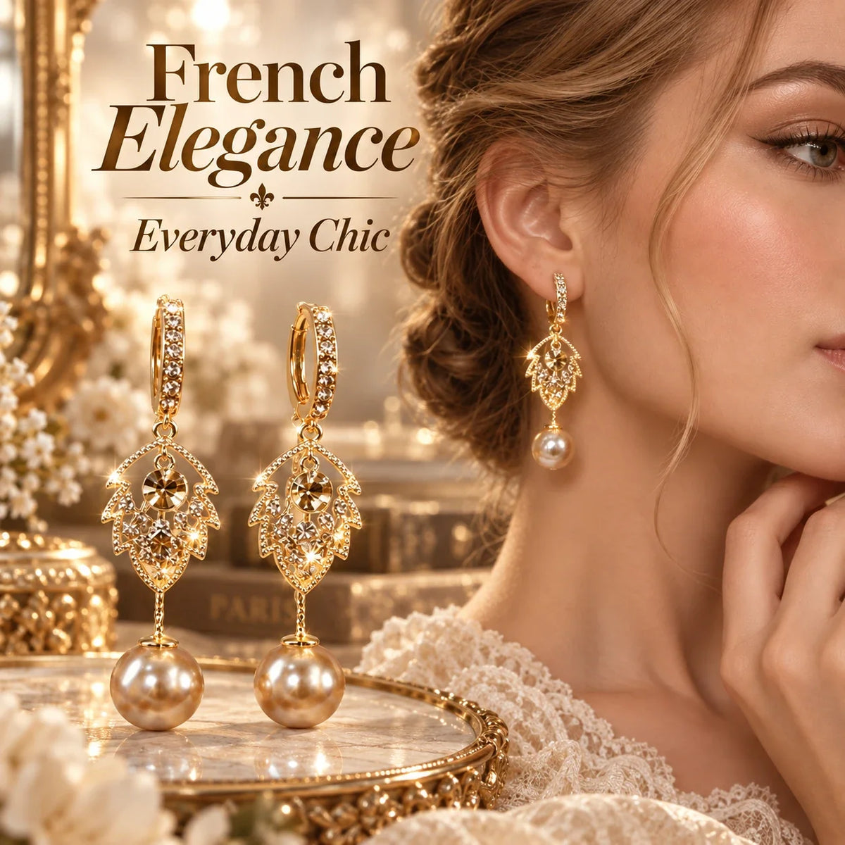 ✨ Elegant Crystal Leaf & Pearl Drop Earrings