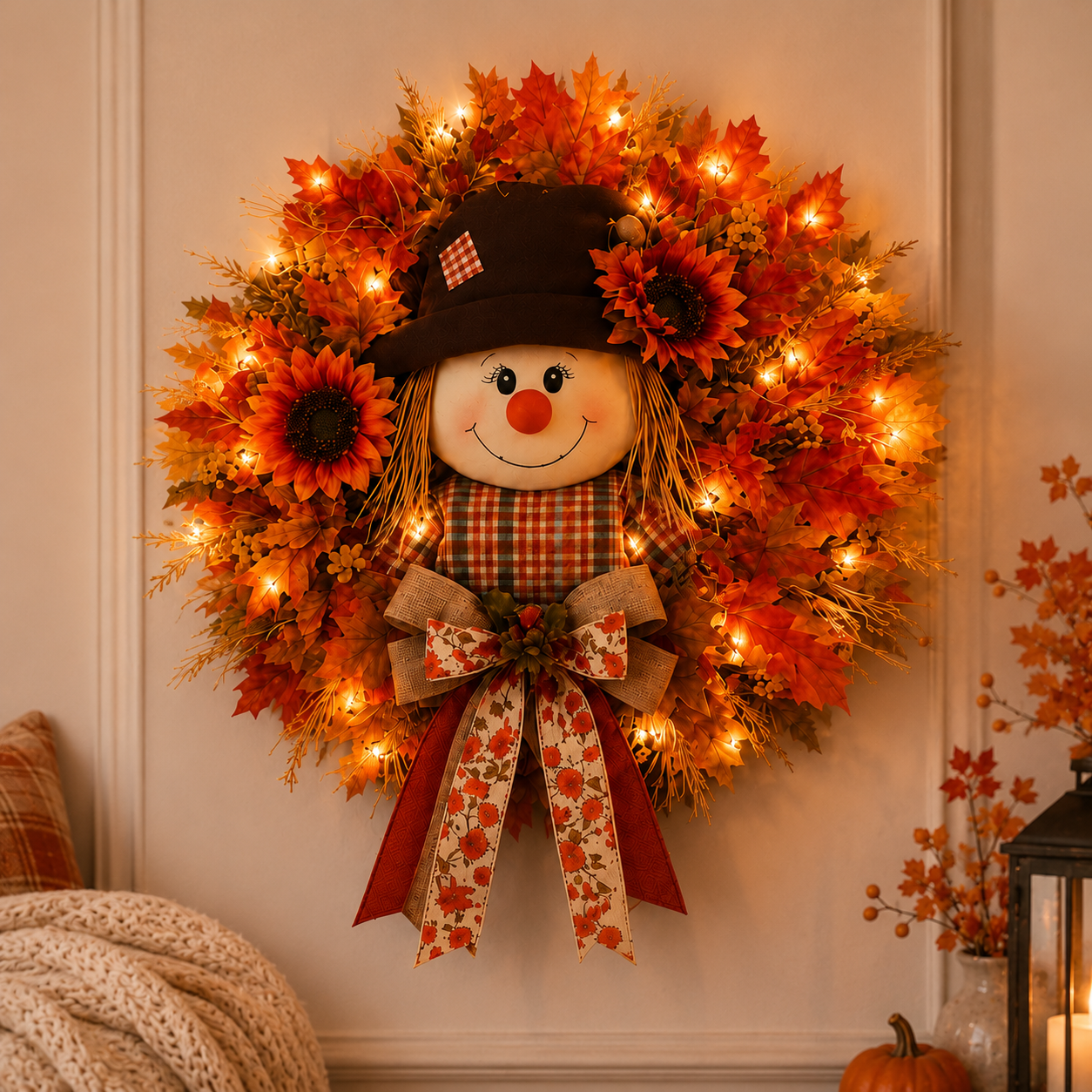 🍂🌻 Lighted Scarecrow Fall Wreath for Front Door