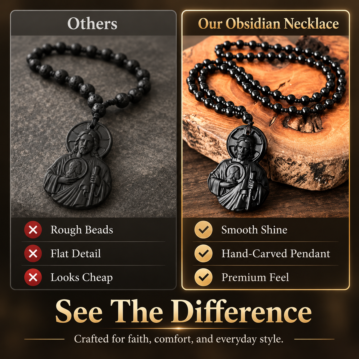 Divine Grace Carved Obsidian Jesus & Black Beads Necklace 🙏