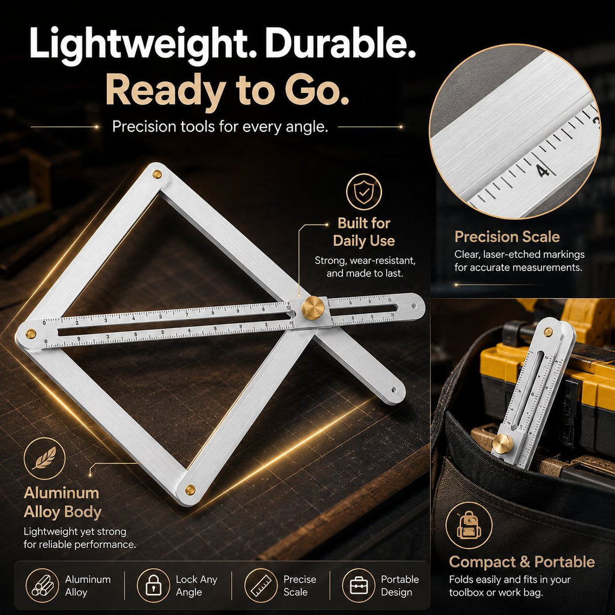 Adjustable Aluminum Angle Finder & Template Tool for Woodworking