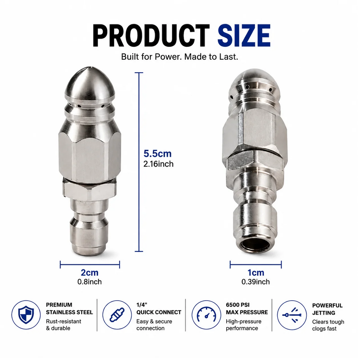 6500 PSI Stainless Steel Sewer Jetter Nozzle – 1/4" Quick Connect Drain Cleaning Attachment for Pressure Washers