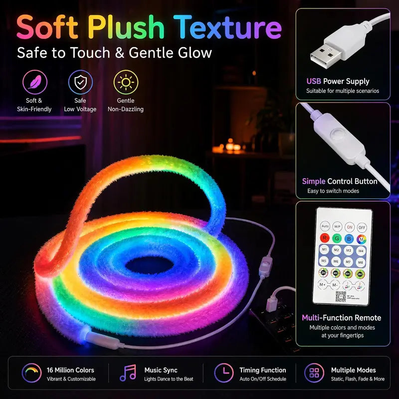 🎅Plush RGB Neon Rope Light🎄360° Full Glow, Music Sync, Perfect Christmas Tree & Bedroom Holiday Decor🎁