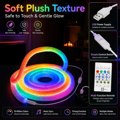 🎅Plush RGB Neon Rope Light🎄360° Full Glow, Music Sync, Perfect Christmas Tree & Bedroom Holiday Decor🎁
