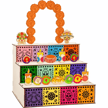 Day of the Dead Wooden Altar Display Set — 3-Tier Ofrenda Centerpiece (Buy 2, Free Shipping)