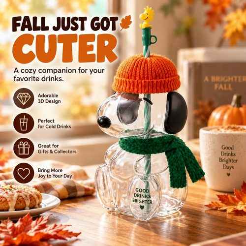 🥤 FALL FAVORITE   | Cute Character Cold Cup – 3D Glass Tumbler with Straw for Iced Coffee, Matcha & Cold Drinks