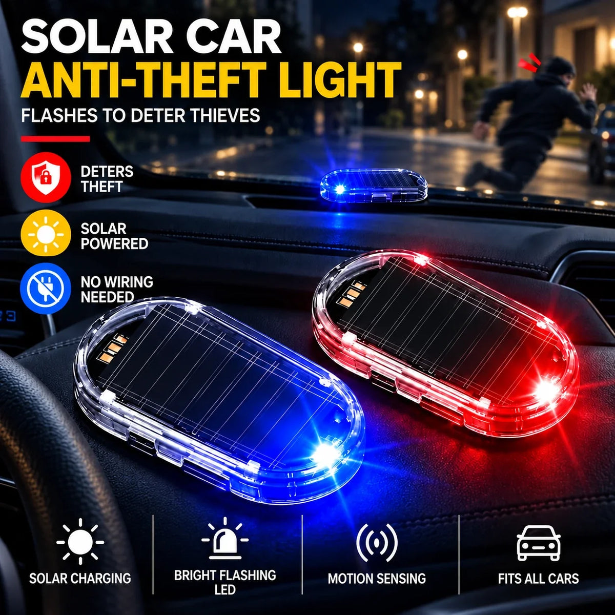 Solar Powered Fake Car Alarm Light, Auto Light Sensor LED Simulated Security Warning Flashing Light