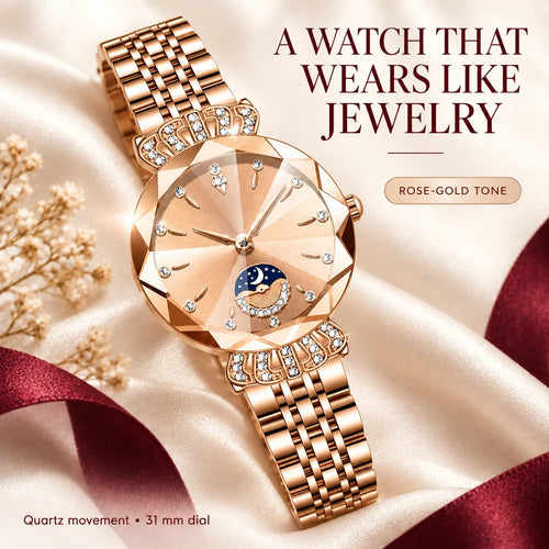 👑✨ Luxurious Rose Gold Crystal Quartz Watch – Diamond Cut Vintage Wristwatch