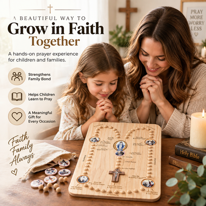👨‍👩‍👧 FAMILY ROSARY PRAYER KIT | Wooden Prayer Board for Children & Adults with Beads and Guided Prayer Path