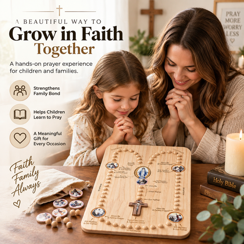 👨‍👩‍👧 FAMILY ROSARY PRAYER KIT | Wooden Prayer Board for Children & Adults with Beads and Guided Prayer Path