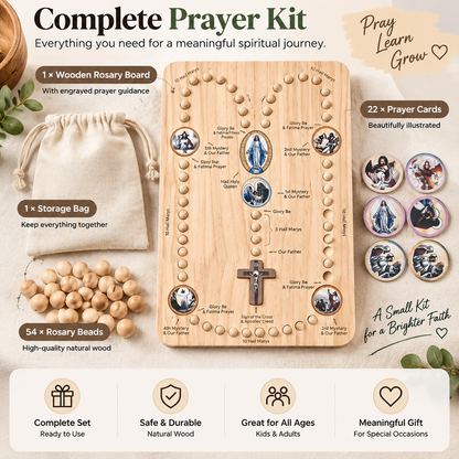 👨‍👩‍👧 FAMILY ROSARY PRAYER KIT | Wooden Prayer Board for Children & Adults with Beads and Guided Prayer Path