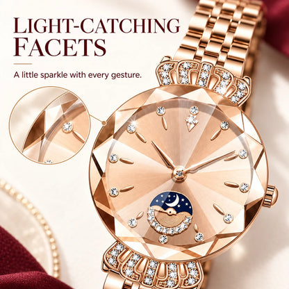 👑✨ Luxurious Rose Gold Crystal Quartz Watch – Diamond Cut Vintage Wristwatch