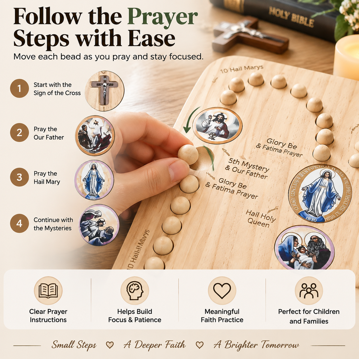 👨‍👩‍👧 FAMILY ROSARY PRAYER KIT | Wooden Prayer Board for Children & Adults with Beads and Guided Prayer Path