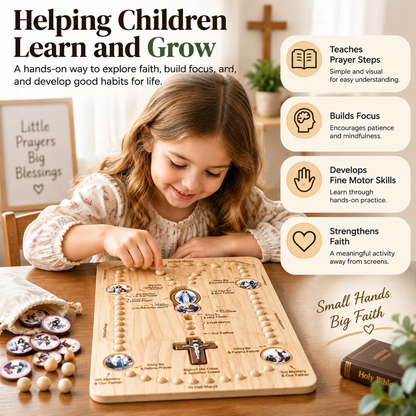 👨‍👩‍👧 FAMILY ROSARY PRAYER KIT | Wooden Prayer Board for Children & Adults with Beads and Guided Prayer Path