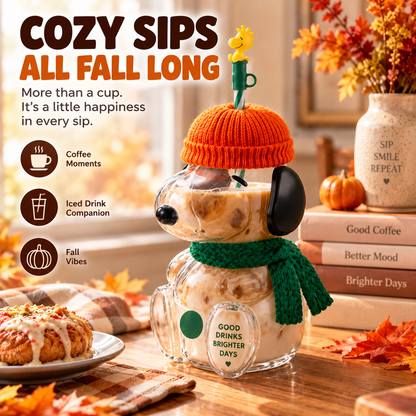 🥤 FALL FAVORITE   | Cute Character Cold Cup – 3D Glass Tumbler with Straw for Iced Coffee, Matcha & Cold Drinks