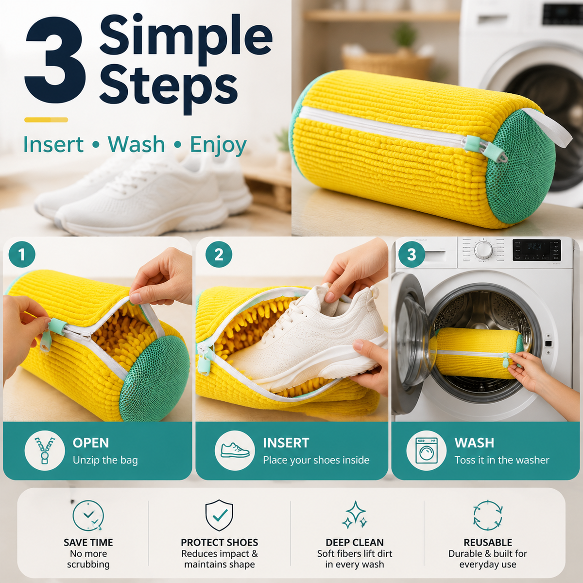 Three simple steps for shoe washing bag use