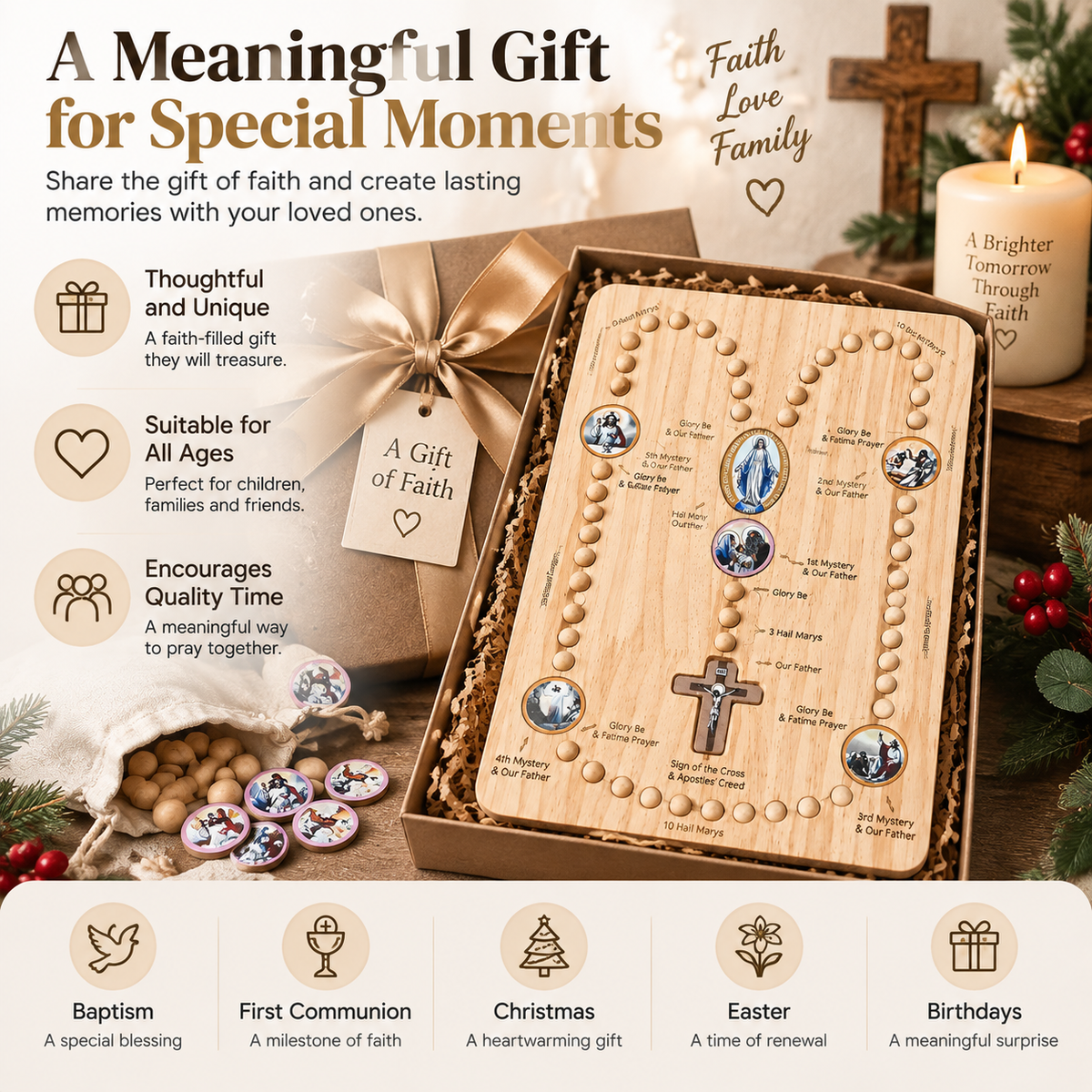 👨‍👩‍👧 FAMILY ROSARY PRAYER KIT | Wooden Prayer Board for Children & Adults with Beads and Guided Prayer Path