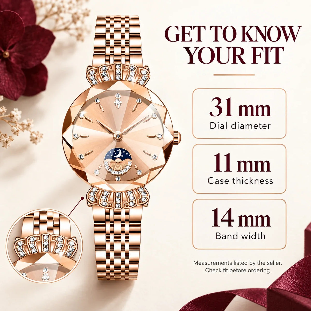 👑✨ Luxurious Rose Gold Crystal Quartz Watch – Diamond Cut Vintage Wristwatch