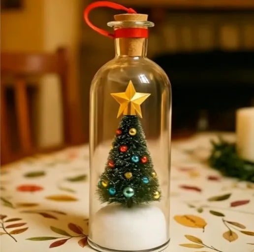Recordable Christmas Message in a Bottle Ornament 8 Inch Voice Recording Holiday Keepsake with Playback Snowy Christmas Tree Scene Glass Bottle Decoration for Tree Home and Gift