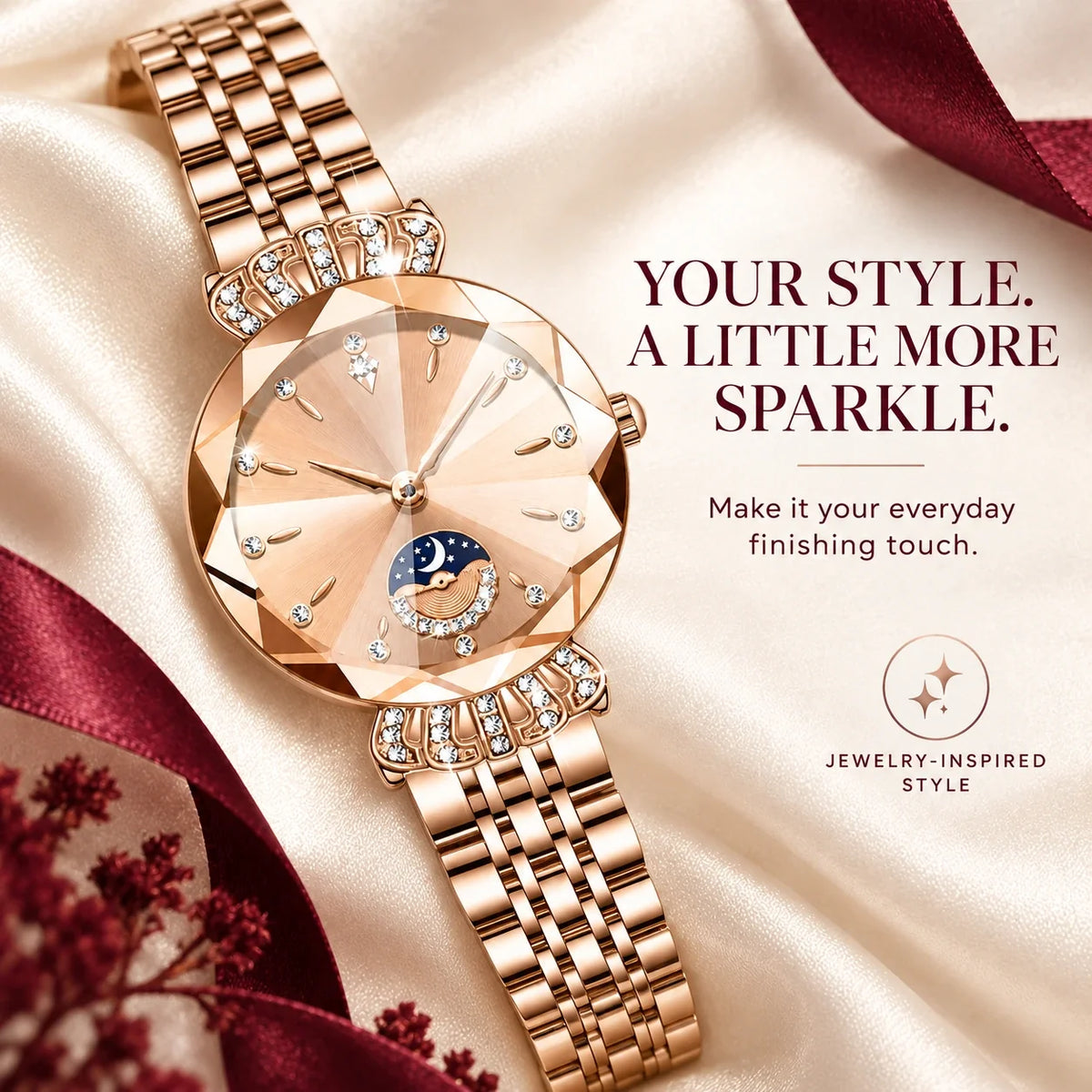 👑✨ Luxurious Rose Gold Crystal Quartz Watch – Diamond Cut Vintage Wristwatch