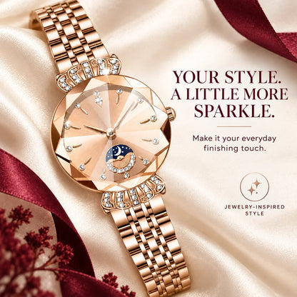 👑✨ Luxurious Rose Gold Crystal Quartz Watch – Diamond Cut Vintage Wristwatch