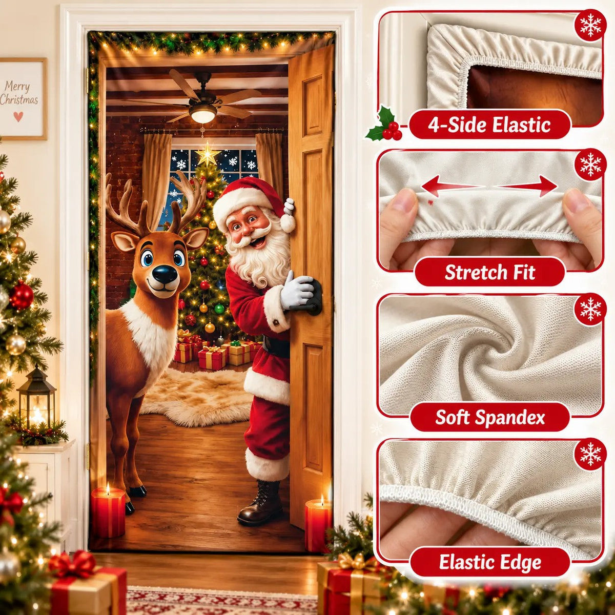 Christmas Door Cover - Stretch Fit Santa & Reindeer Door Decoration with 4-Side Elastic Edges🎅 - image 7