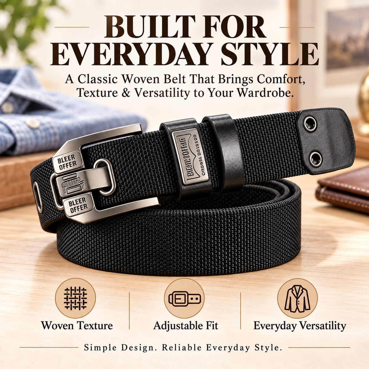 Men's Classic Woven Belt – Adjustable Metal Buckle, Durable Textured Strap