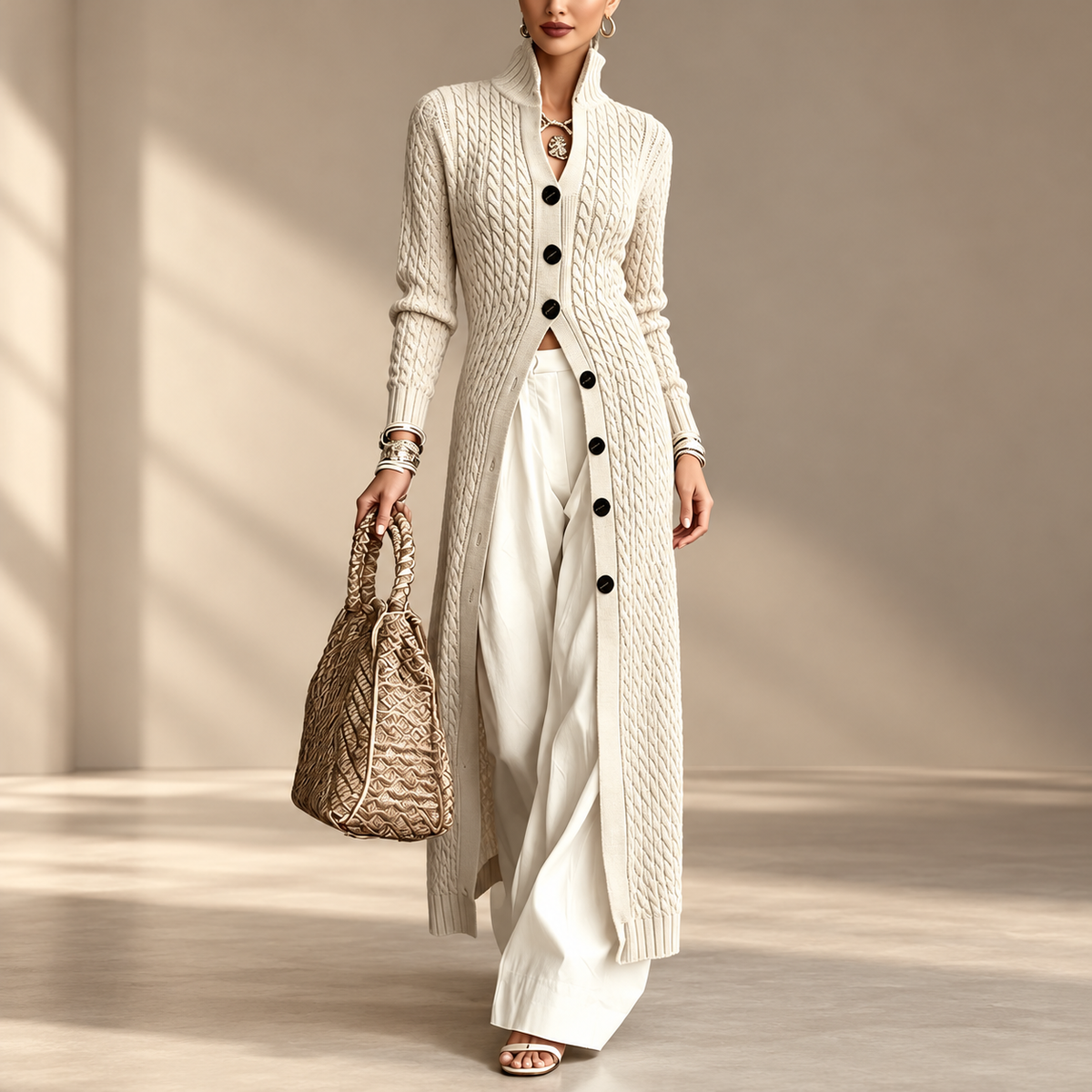 Women’s Long Cable Knit Cardigan, Elegant Full-Length Knitwear