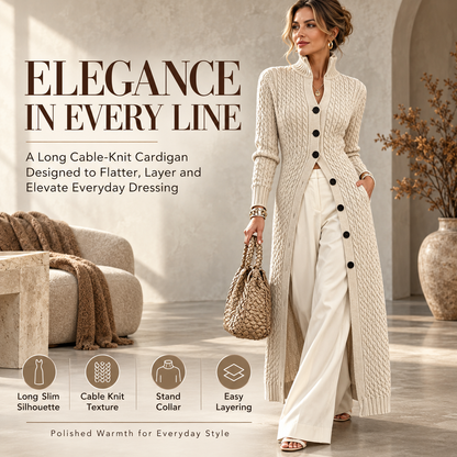 Women’s Long Cable Knit Cardigan, Elegant Full-Length Knitwear