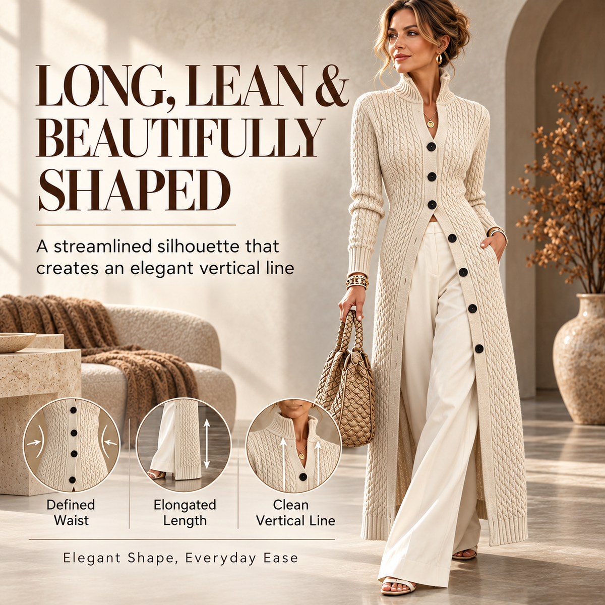 Women’s Long Cable Knit Cardigan, Elegant Full-Length Knitwear
