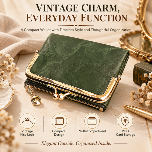 Vintage Kiss-Lock Women’s Compact Wallet – RFID Blocking Bifold with Card Slots, Coin Pocket & Zipper Storage