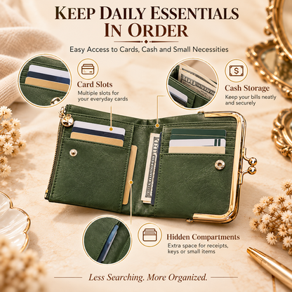 Vintage Kiss-Lock Women’s Compact Wallet – RFID Blocking Bifold with Card Slots, Coin Pocket & Zipper Storage