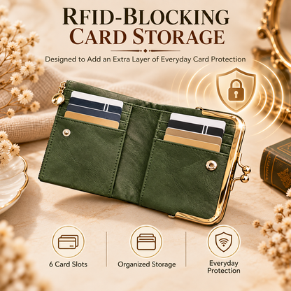Vintage Kiss-Lock Women’s Compact Wallet – RFID Blocking Bifold with Card Slots, Coin Pocket & Zipper Storage