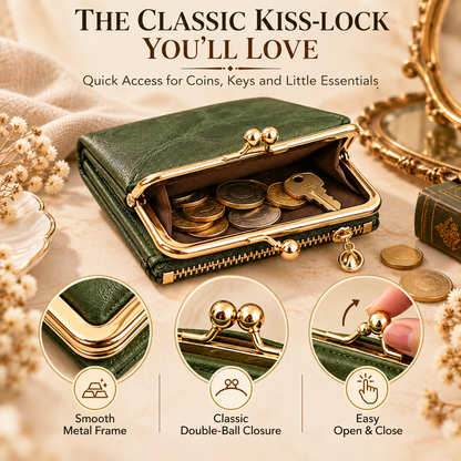 Vintage Kiss-Lock Women’s Compact Wallet – RFID Blocking Bifold with Card Slots, Coin Pocket & Zipper Storage
