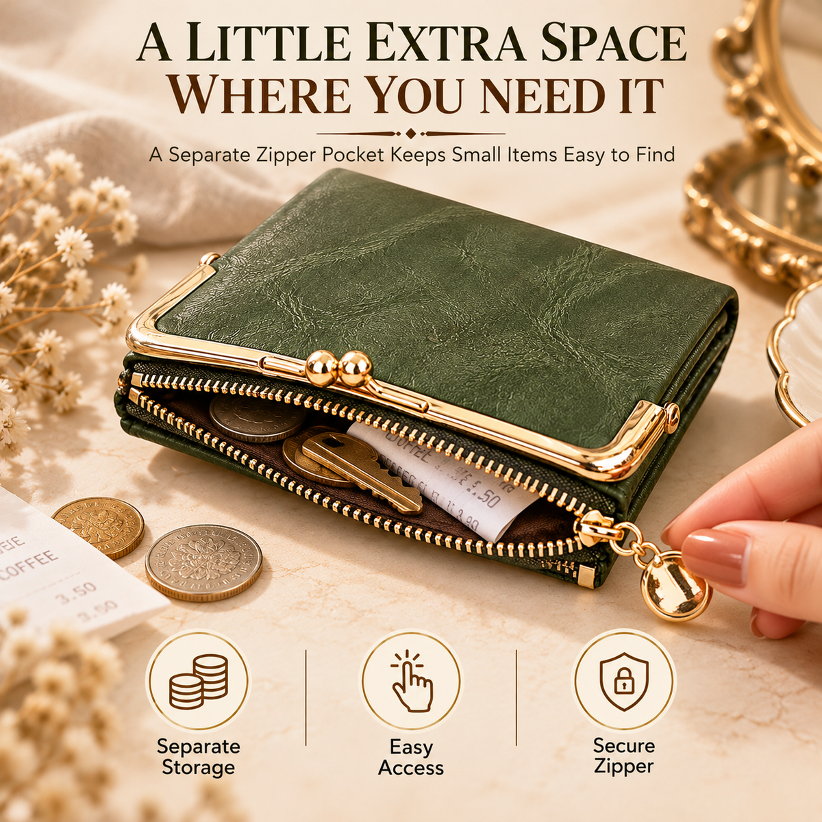 Vintage Kiss-Lock Women’s Compact Wallet – RFID Blocking Bifold with Card Slots, Coin Pocket & Zipper Storage
