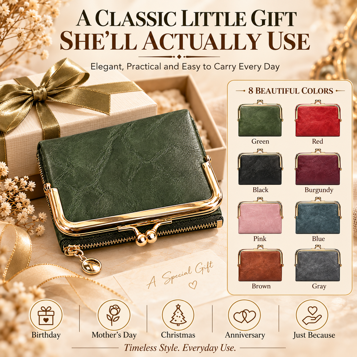 Vintage Kiss-Lock Women’s Compact Wallet – RFID Blocking Bifold with Card Slots, Coin Pocket & Zipper Storage