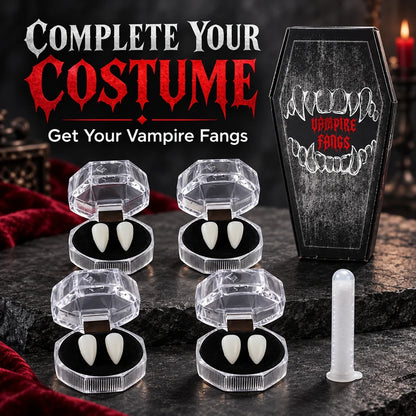 🦇 Your Vampire Look: 4-Size Ivory Fangs Kit & Coffin Box