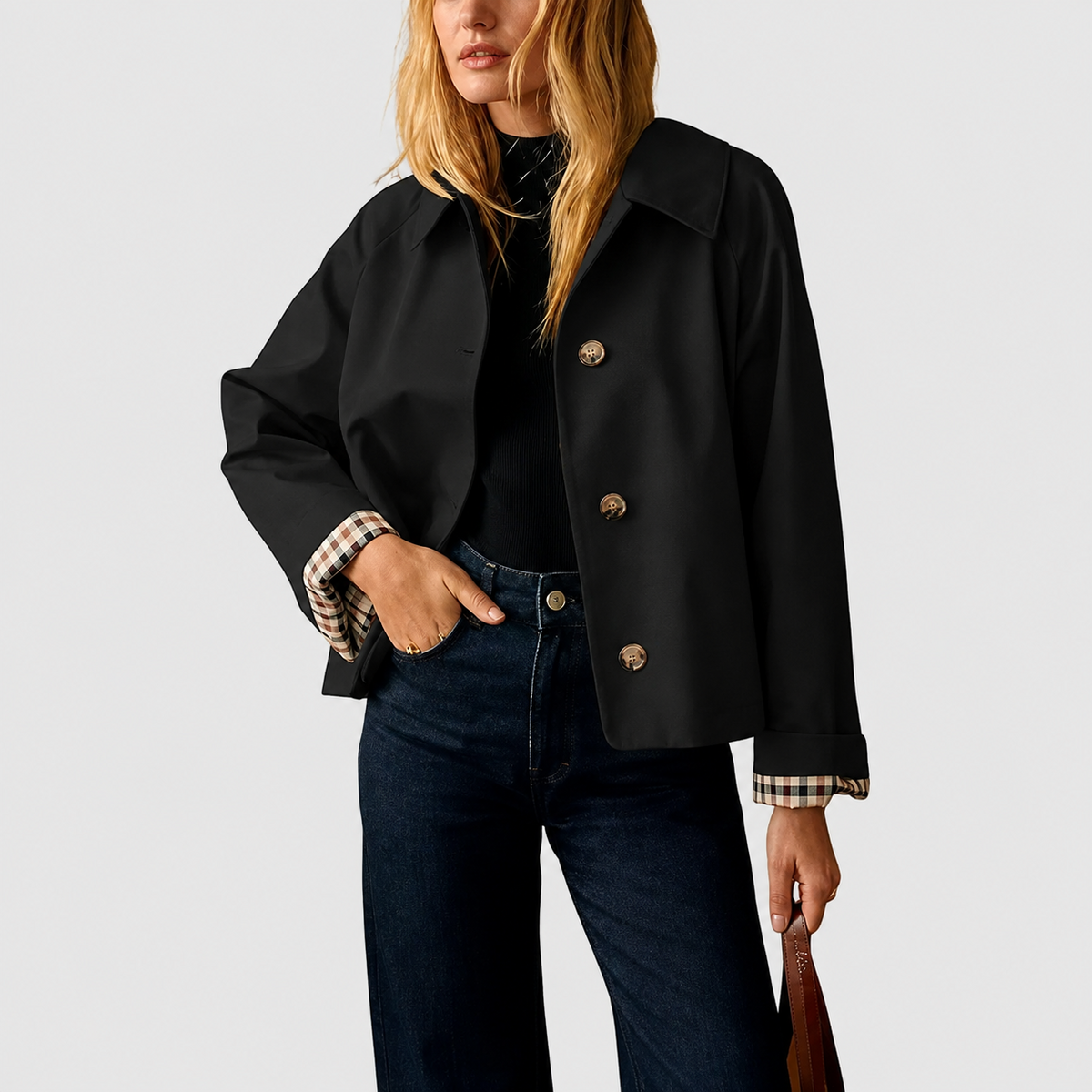 Women's Cropped Trench Coat – Relaxed Fit Jacket with Plaid Lining | 7 Colors