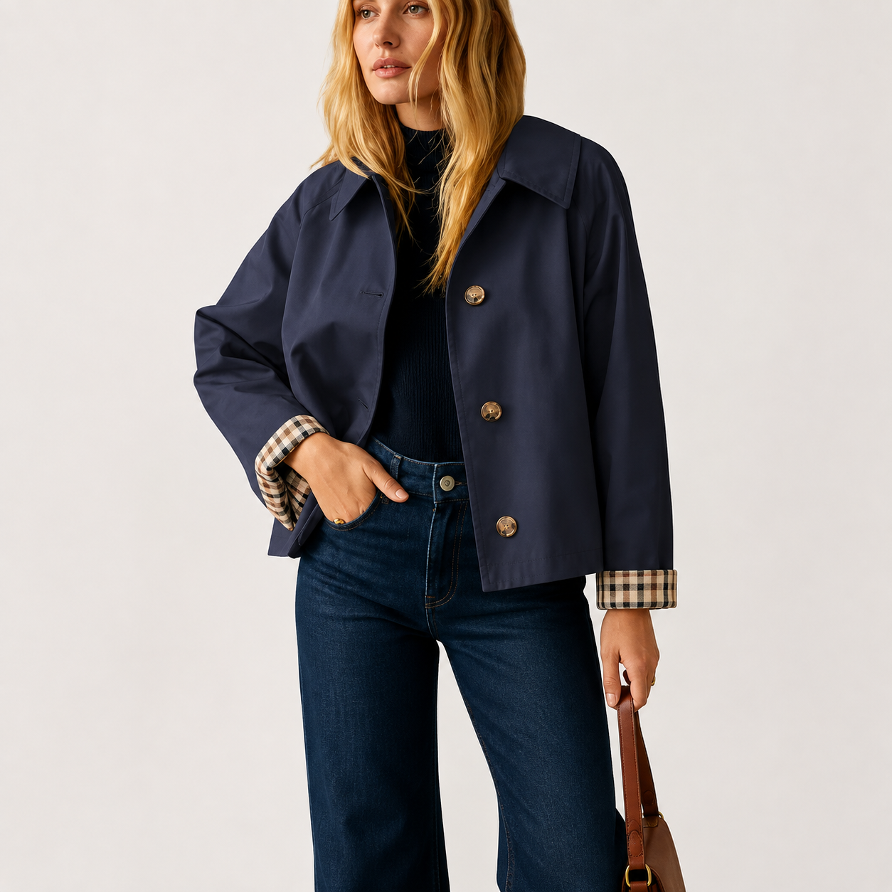 Women's Cropped Trench Coat – Relaxed Fit Jacket with Plaid Lining | 7 Colors