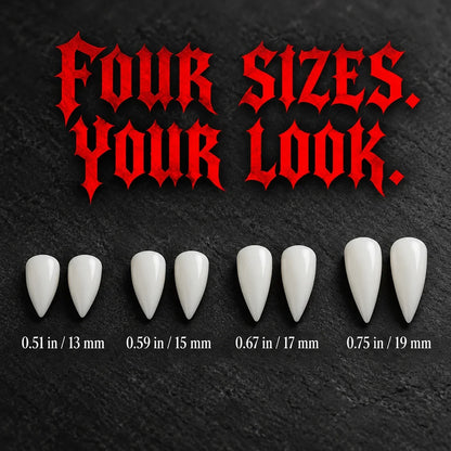 🦇 Your Vampire Look: 4-Size Ivory Fangs Kit & Coffin Box