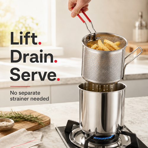 Personal Mini Deep Fryer Set – Stainless Steel Pot with Lift-Out Draining Basket & Food Tongs