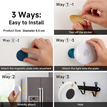Step-by-step diagram showing three easy installation methods for the 8.5 cm motion sensor light: adhesive magnetic plate, direct magnetic stick, and wall hook mounting.
