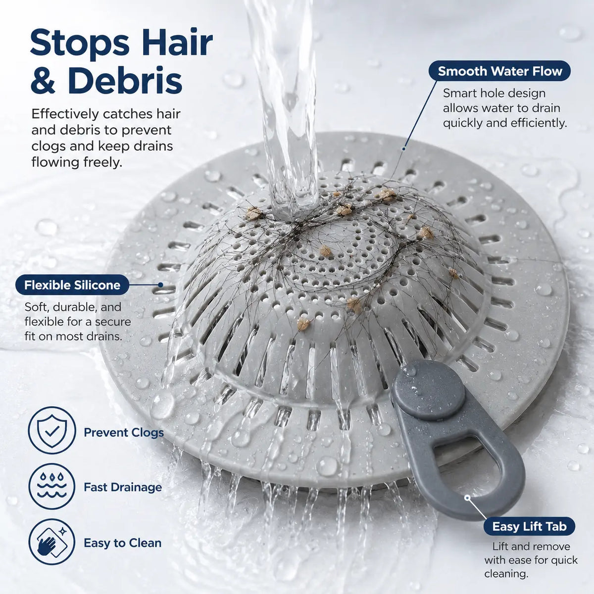 Silicone Hair Catcher Drain Cover – Flexible Shower & Sink Strainer
