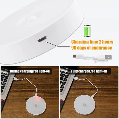 showing USB charging port, 2-hour charge time, and red LED battery indicator status on a smart motion sensor night light.