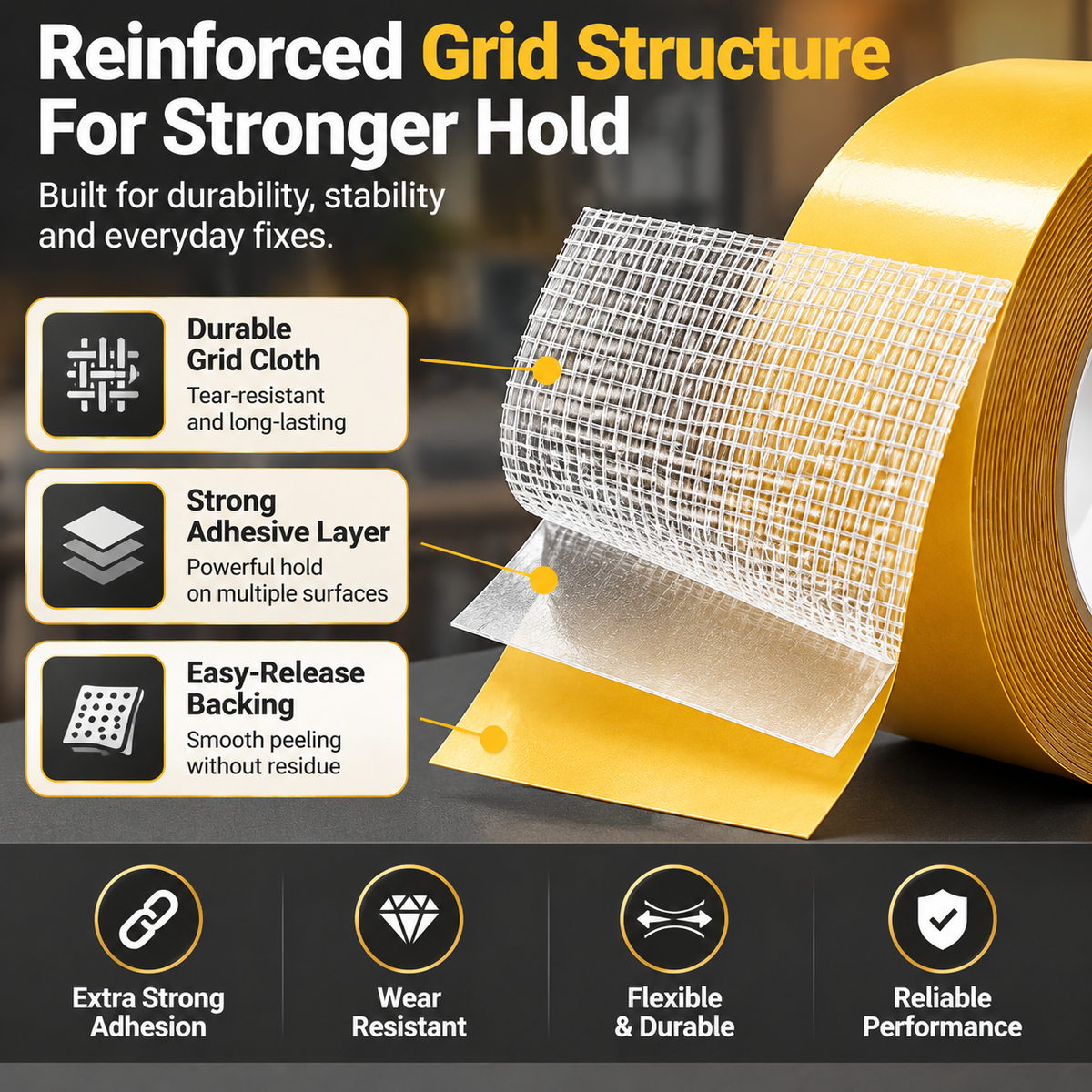 🔥 Heavy-Duty Double-Sided Grid Tape – Strong Hold, Easy Tear & Clean Removal