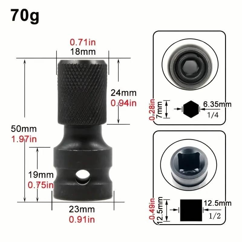 2 PCS 1/2 inch Square Drive to 1/4 inch Hex Female Socket Adapter Converter Chuck Adapter