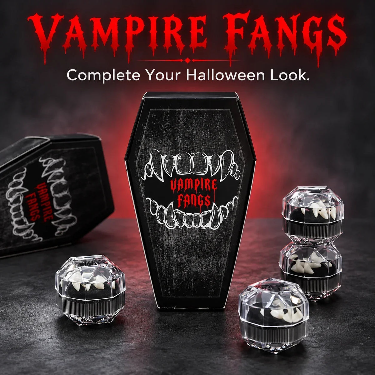 🦇 Your Vampire Look: 4-Size Ivory Fangs Kit & Coffin Box